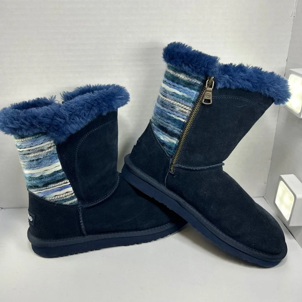 Lamo Après-ski Winter Boots Size 8 Suede Knit Faux Fur Cozy Cabin Blue